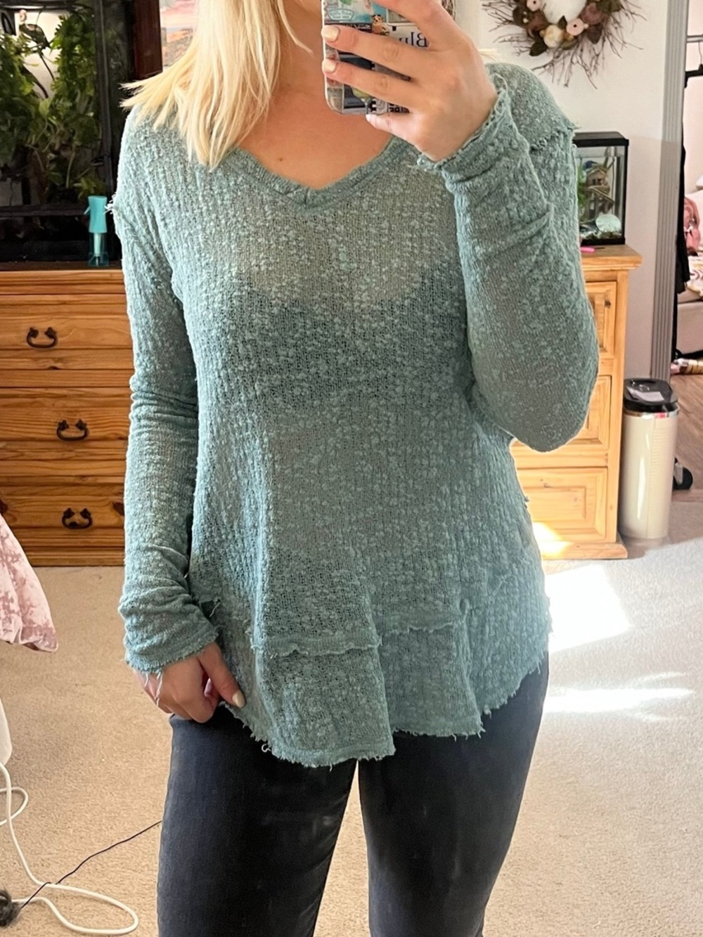 We The Free Light Teal V-Neck Long Sleeve Women's Sweater XS